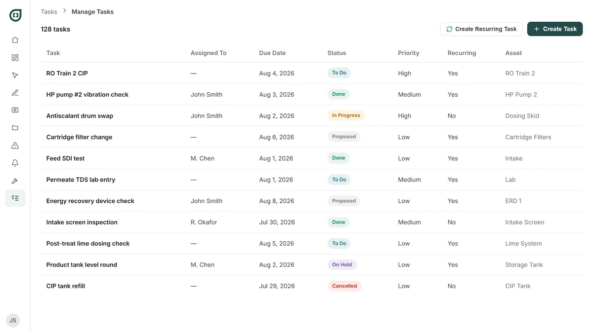 The Manage Tasks screen