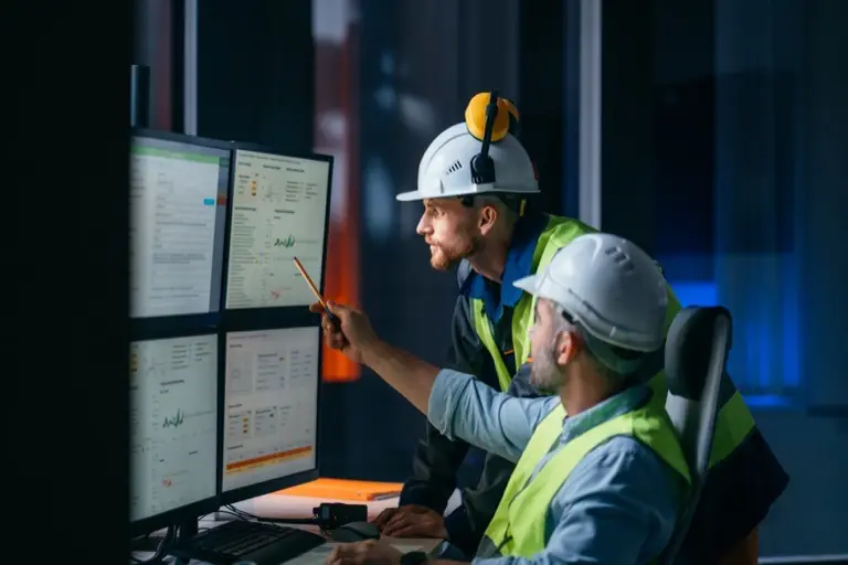 Plant operators reviewing performance dashboards in the control room