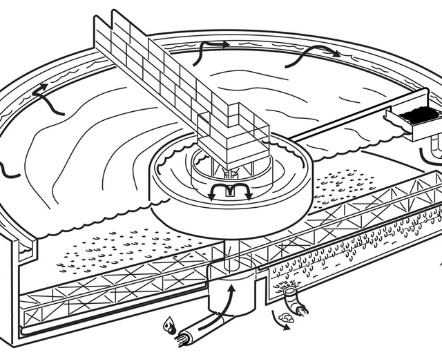 Cutaway illustration of a circular secondary clarifier