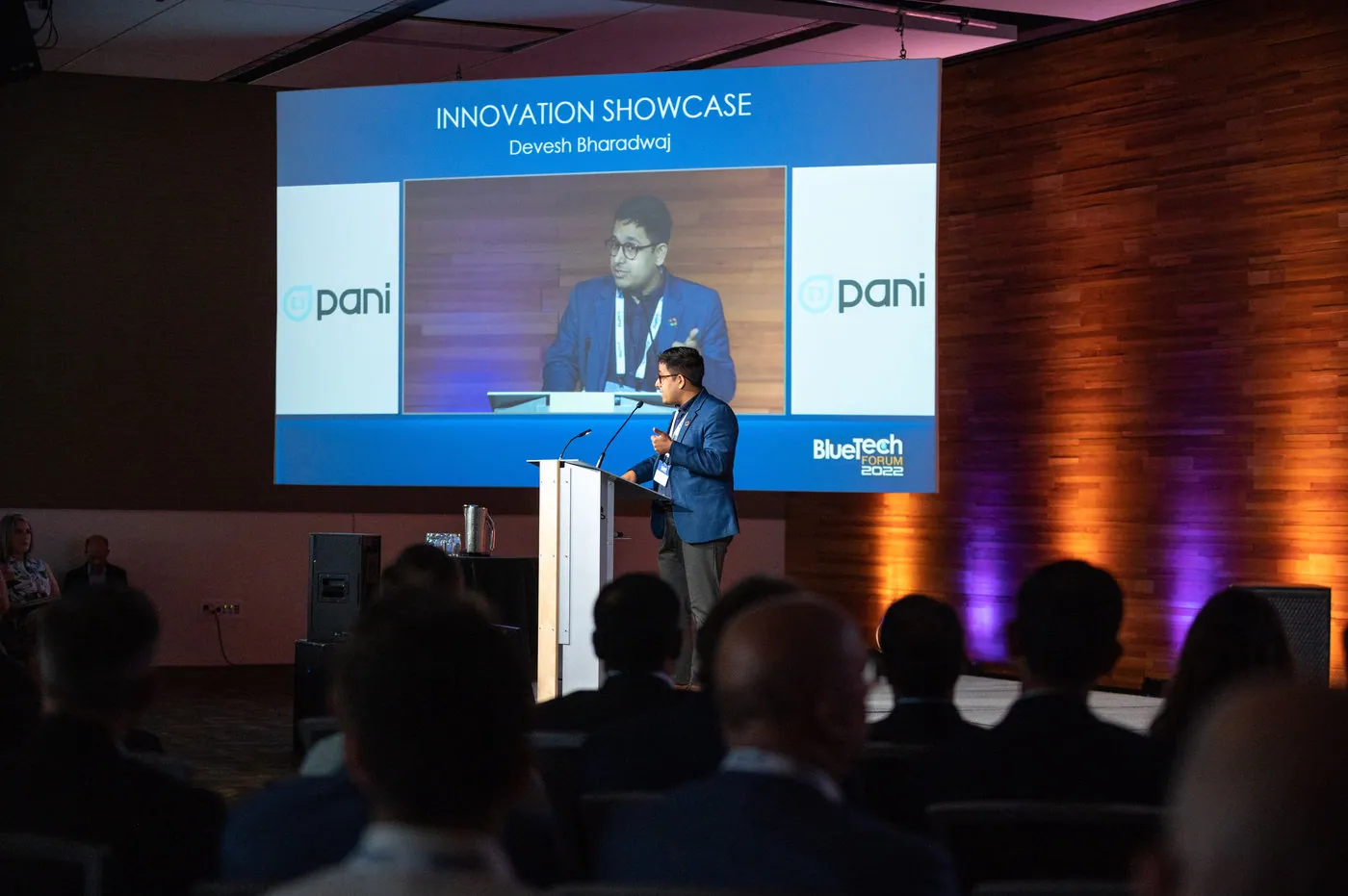 Devesh Bharadwaj presenting during the Innovation Showcase at BlueTech Forum 2022