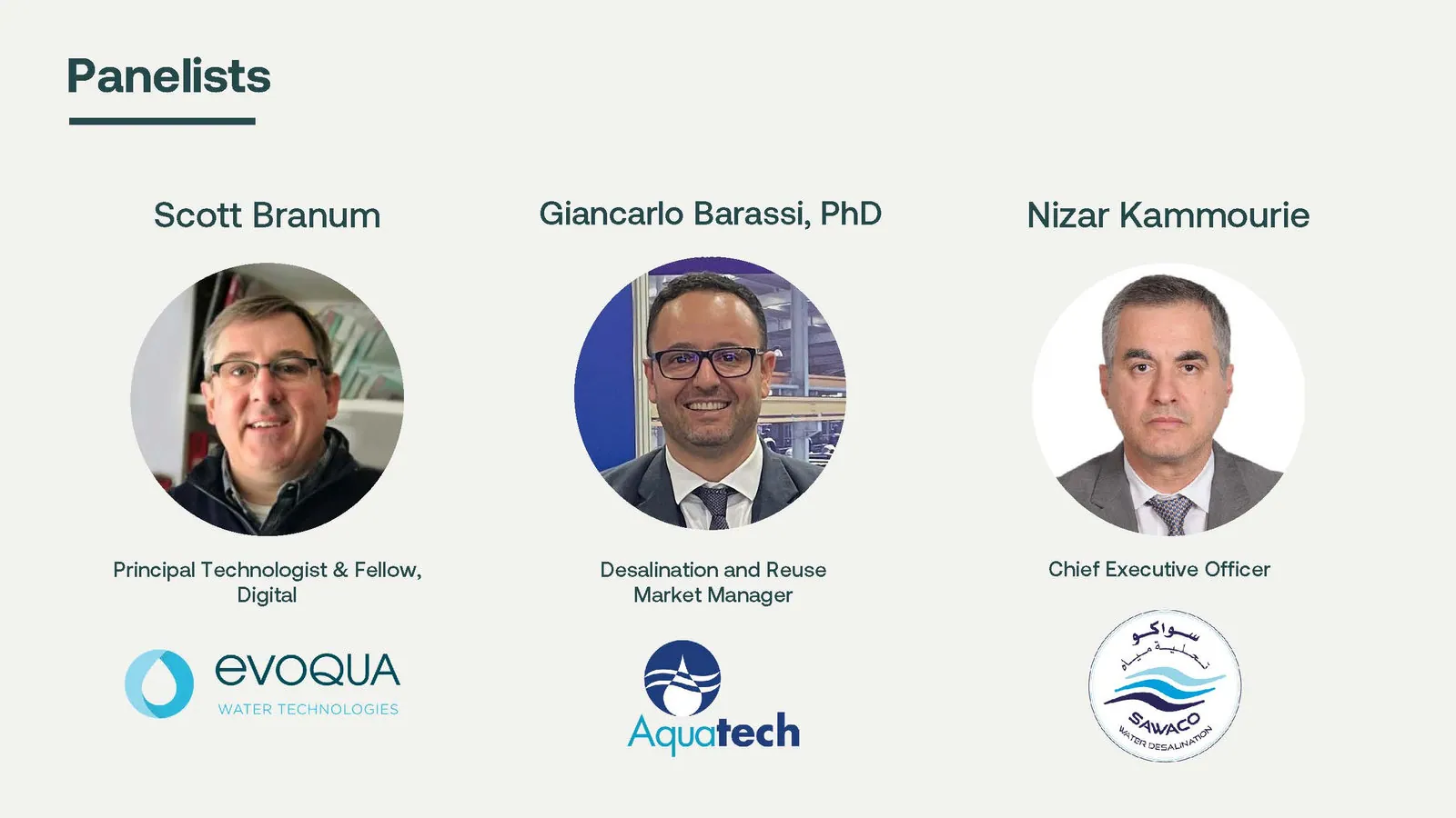 Portraits of the three webinar panelists — Scott Branum, Giancarlo Barassi, and Nizar Kammourie — with their titles and company logos