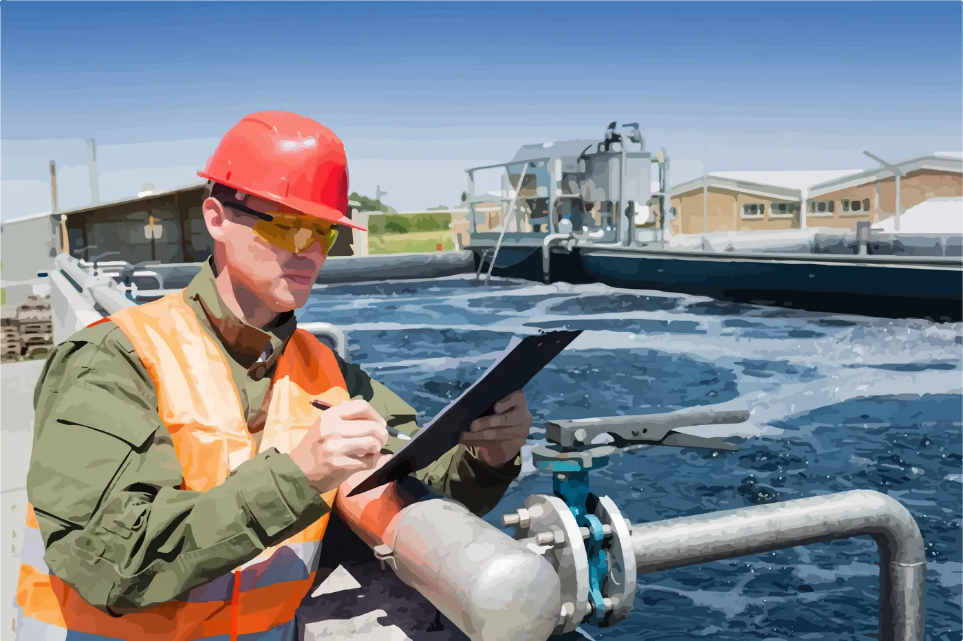A man wearing a safety vest and hard hat stands next to a tank at a wastewater treatment plant, measuring sensor readings and noting them on a clipboard.
