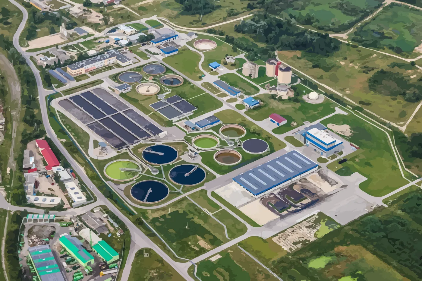 An aerial image of a wastewater treatment plant.