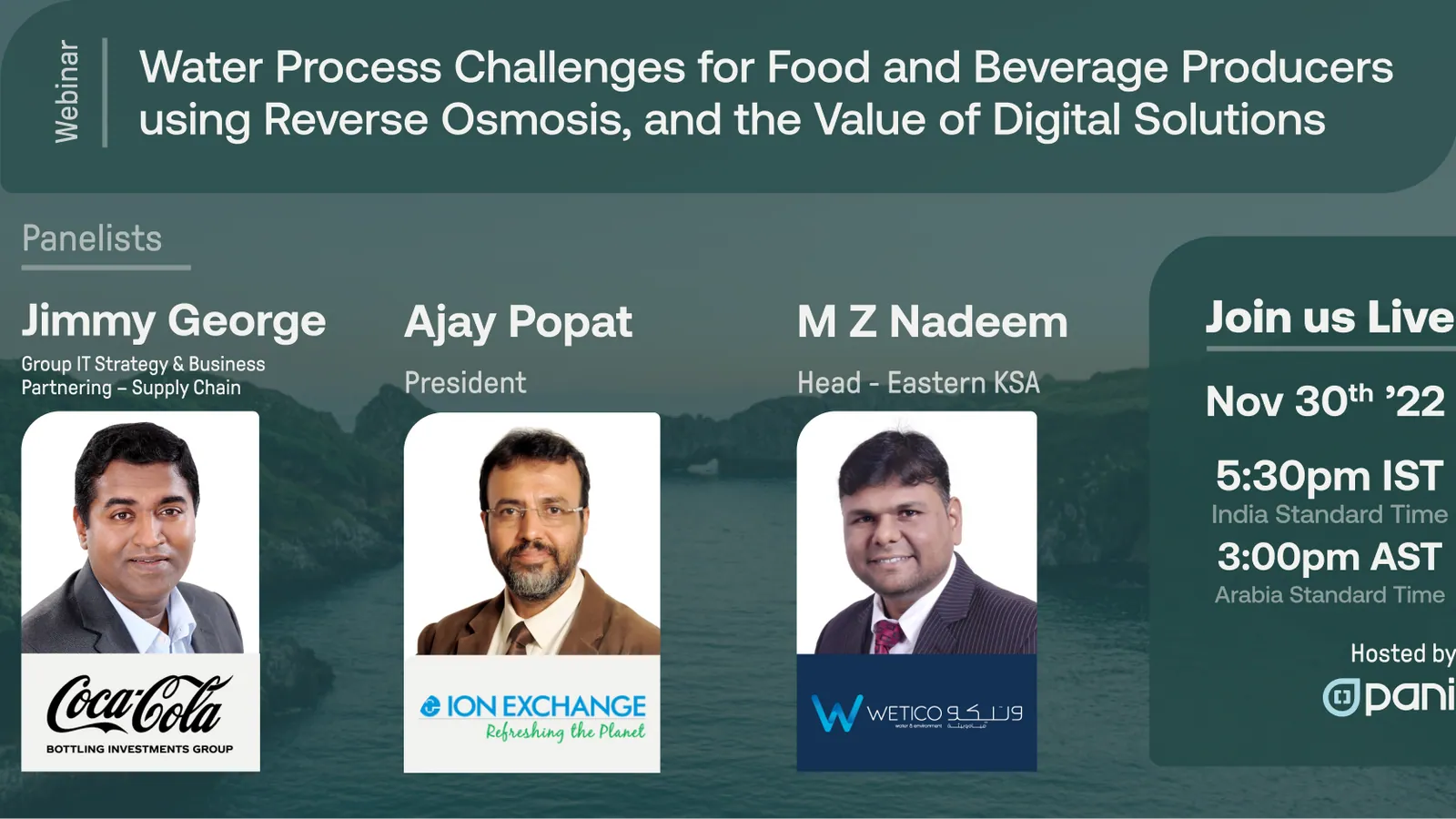 Photos, names, and company logos of three panelists, plus date and time details, for a food and beverage producer-focused webinar on water process challenges and the value of digital solutions