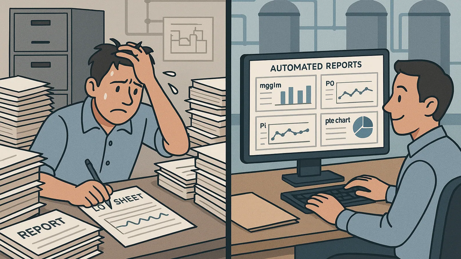 Illustration contrasting a stressed operator buried in paperwork with a calm operator reviewing automated water quality reports on screen