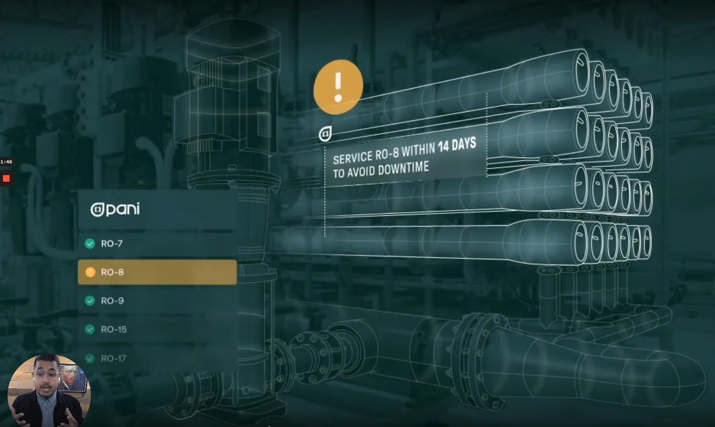 A dark green background features a schematic of a reverse osmosis train, with overlaid text that reads “Service RO-8 within 14 days to avoid downtime.” A small circle in the bottom left corner shows Pani's CEO describing how the platform works.