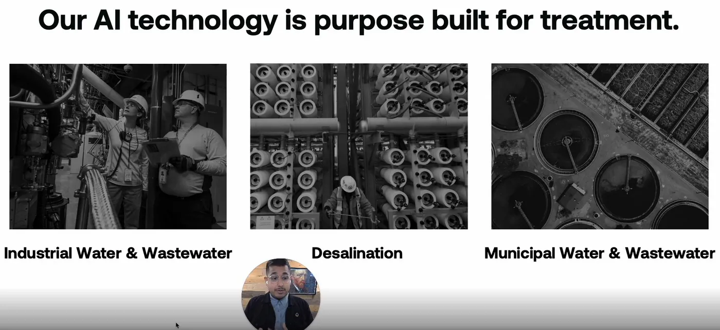 A slide with three images of treatment processes, with text that reads “Our AI technology is purpose built for treatment at industrial water and wastewater, desalination, and municipal water and wastewater.”