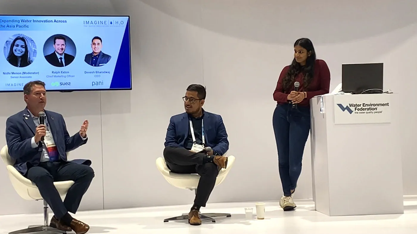 WEFTEC session description for the panel on scaling water solutions in the Asia-Pacific, featuring Devesh Bharadwaj of Pani and Ralph Exton of SUEZ