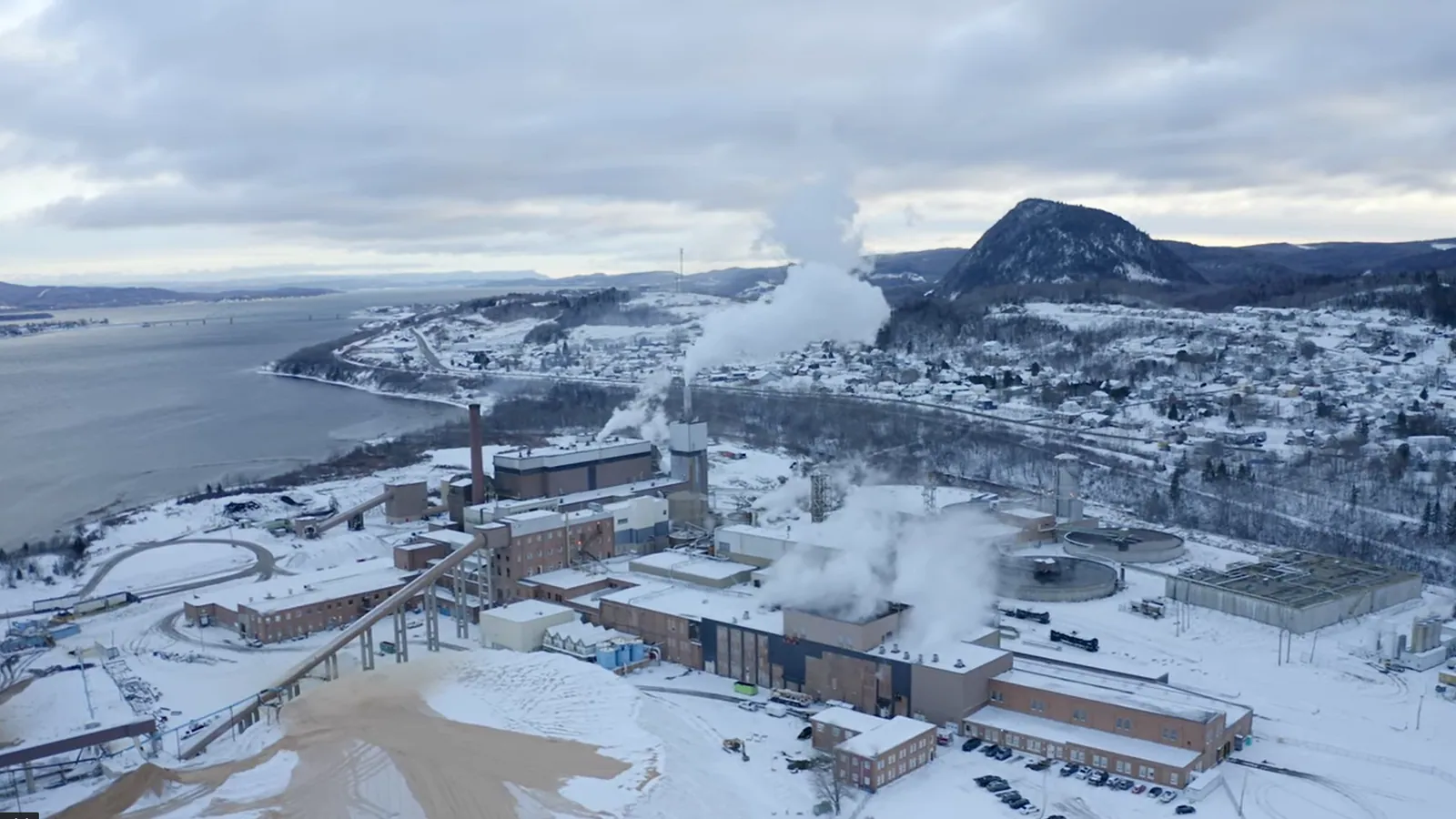 Aerial drone view of the AV Group NB pulp and paper mill in Atholville, New Brunswick, Canada
