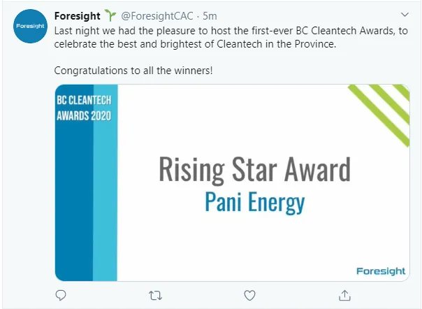 Foresight's tweet announcing the BC Cleantech Awards 2020 Rising Star Award, presented to Pani Energy