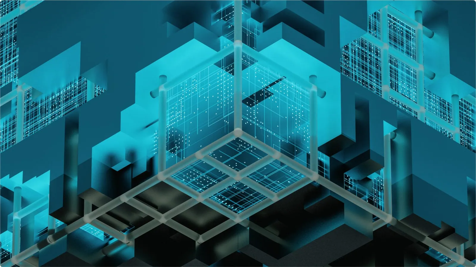 Abstract blue 3D visualization of a data grid representing a plant's digital picture