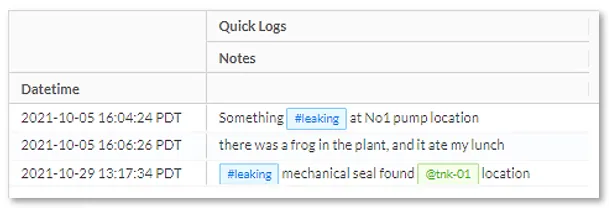 Collection of Quick Log entries providing context